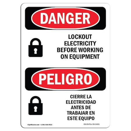 Signmission OSHA Sign, Lockout Electricity Before Working Bilingual, 10in X 7in Alum, 7" W, 10" L, Spanish OS-DS-A-710-VS-1431
